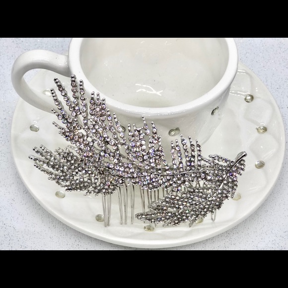 Crystal Feather Bridal Hair Comb Piece - Picture 5 of 7